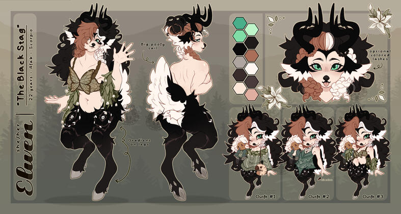 Base w outfit + backview + symm. head + 3 chibis w small prop and outfits